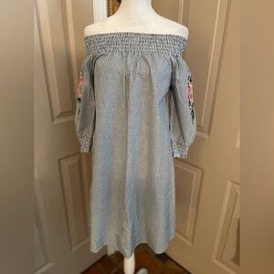 Mlle Gabrielle Off The Shoulder Striped Dress w/Floral Embroidery Sleeve Detail.